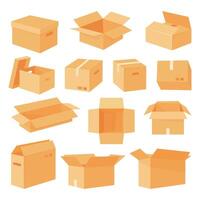 Delivery boxes. Cartoon cardboard delivery box, open and closed shipping package, parcel boxes flat vector illustration set. Carton boxes collection