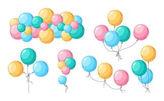 Helium balloons bunches. Air balloons festive decorations, happy birthday celebration colorful decor flat vector illustration set. Flying glossy air balloons