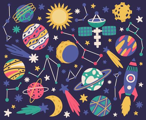 Space doodle symbols. Cute space bodies, spaceship, planets and stars hand drawn vector illustration set. Cartoon cosmic elements