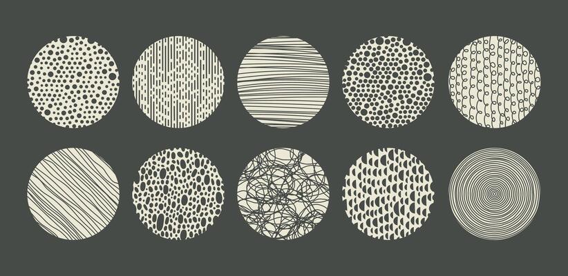 Hatching, dotted and scribble abstract round patterns. Doodle linear and spotted shapes cartoon vector illustration set. Contemporary shading patterns