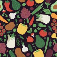 Hand drawn vegetables seamless pattern. Doodle veggies, pepper avocado carrot tomatoes vegetarian menu vector pattern. Cartoon vegetables seamless pattern