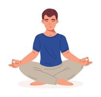 Meditating male. Meditation and breath exercise, guy meditating in yoga lotus pose, tranquility and meditation flat vector illustration. Stress relief and meditation