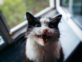 A black and white cat meows in front of the window. photo