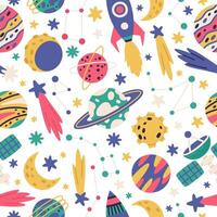 Doodle space cosmic seamless pattern. Space bodies, hand drawn planets, spaceship and stars cartoon vector illustration set. Galaxy cosmic pattern