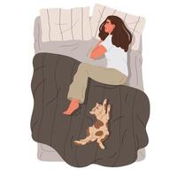 dormido mujer. hembra personaje descansando en cama con linda gato, niña y su mascota relajante debajo cobija plano vector ilustración. mano dibujado dormido persona