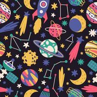 Hand drawn space seamless pattern. Spaceship, space bodies, cosmic planets and stars flat vector background illustration. Space cosmic endless design