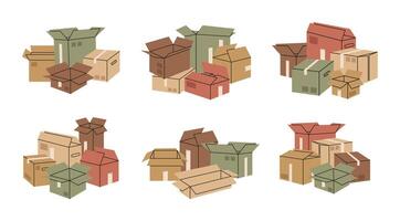 Stacked cardboard boxes. Hand drawn cargo boxes, warehouse box stack. Delivery or moving concept flat vector illustration set. Boxes pile collection