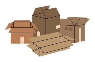 Cardboard boxes stack. Hand drawn stacked carton boxes, open boxes pile, warehouse box stack flat vector illustration. Moving or delivery concept on white