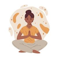 Meditating tranquil woman. Meditation and breath exercise, woman meditating in yoga lotus pose, wellness and tranquility flat vector illustration. Meditating female character