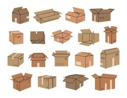 Cardboard boxes. Hand drawn delivery boxes, open and closed shipping package, carton boxes flat doodle vector illustration set. Parcel boxes collection