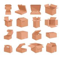 Carton delivery boxes. Cardboard boxes, open and closed shipping package, parcel delivery boxes flat vector illustration set. Brown cardboard box collection