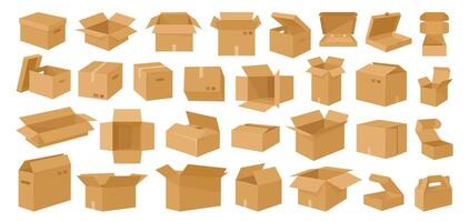 Cartoon cardboard boxes. Carton delivery boxes, open and closed shipping package with fragile signs, parcel delivery boxes flat vector illustration set. Cardboard box collection