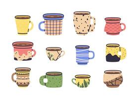 Doodle coffee or tea cups. Modern decorated crockery, ceramic or porcelain hot drinks mugs. Cute hand drawn cups vector flat illustration set