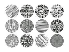 Hand drawn hatching, dotted and scribble abstract round patterns. Doodle linear and spotted shapes cartoon vector illustration set. Contemporary shading patterns