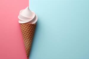 AI generated A single ice cream cone standing on a vibrant pink and blue background, creating a playful and colorful scene. photo