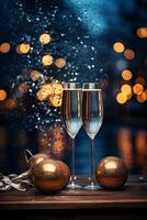 AI generated New Year's glass of champagne with Christmas balls and lights with free space for text. Festive background with decorations and gifts. Holiday card, banner, flyer, poster mockup. photo