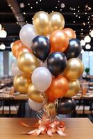 AI generated A cluster of black and gold balloons floating in the air, creating a festive and elegant atmosphere. photo