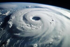 ai generado un satélite capturas un poderoso huracán arremolinándose terminado el vasto extensión de el océano, exhibiendo sus espiral estructura y masivo nube cubrir. foto