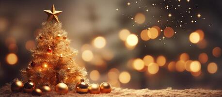 AI generated Golden Christmas tree with toys with free space for text. Festive background with decorations and gifts. New Year card, banner, flyer, poster mockup. photo
