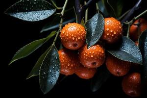 AI generated Bunches of ripe orange sea buckthorn berries hang from tree branches, ready to be picked. photo