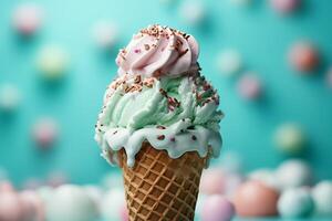 AI generated A classic ice cream cone topped with vibrant sprinkles, ready to be enjoyed on a sunny day. photo
