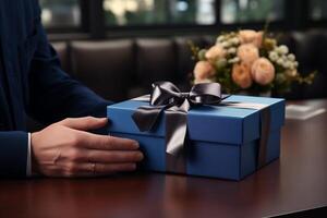 ai generado hombre participación azul regalo caja con negro arco foto