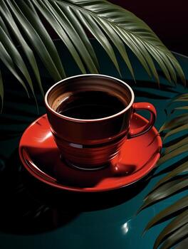 AI generated A cup filled with coffee rests on a vibrant red saucer, creating a simple yet elegant composition. photo