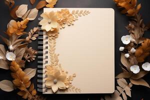 AI generated An open notebook lies on a surface, surrounded by various colorful flowers and leaves around it. photo