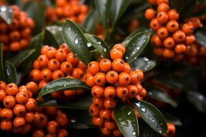 AI generated Bunches of ripe orange sea buckthorn berries hang from tree branches, ready to be picked. photo
