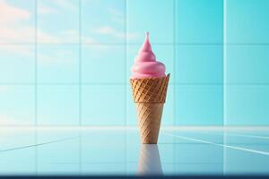 AI generated A single ice cream cone standing on a vibrant blue background, creating a playful and colorful scene. photo