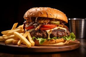 AI generated A cheeseburger and fries served on a wooden plate, showcasing the classic American fast food combination. photo