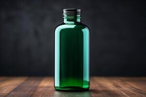 AI generated A green glass bottle is placed on top of a wooden table, creating a simple yet rustic composition. photo