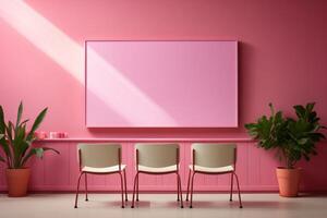 AI generated A pink room with three chairs against a pink wall. Simple and elegant decor. photo