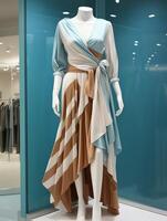 AI generated A mannequin dressed in a white and orange dress displayed in a store window. photo