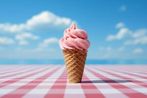 AI generated A pink ice cream cone rests on top of a checkered table. photo