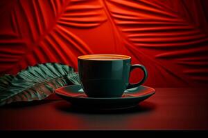 AI generated A ceramic cup filled with coffee resting on a green saucer against a neutral background. photo