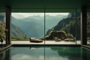AI generated A swimming pool overlooks a stunning view of a majestic mountain range, creating a tranquil atmosphere. photo