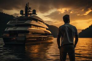 AI generated A man stands confidently in front of a majestic, towering boat on the shore. The vast size of the vessel contrasts with the lone figure, evoking a sense of adventure and exploration. photo