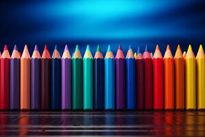 AI generated A neat row of different colored pencils on a bright blue background creates a striking color contrast. photo