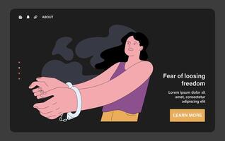 Fear of losing freedom dark or night mode web, landing. Scared and shocked vector