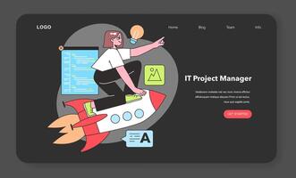 An IT Project Manager propels projects forward with vision and innovation, symbolized by a rocket, highlighting the dynamic nature of managing tech initiatives. vector