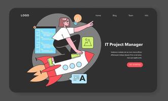 An IT Project Manager propels projects forward with vision and innovation, symbolized by a rocket, highlighting the dynamic nature of managing tech initiatives. vector