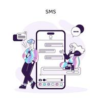 Characters interacting with SMS on a smartphone, symbolizing instant text-based communication vector