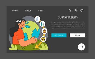 Sustainability night or dark mode web banner or landing page. Woman vector