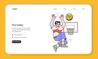 First hobby web banner or landing page. Athlete throws the ball into vector