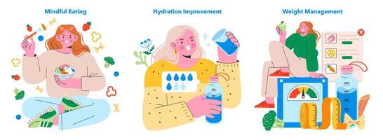 Healthy Lifestyle Choices set. Engaging visuals on mindful eating, improving hydration, and managing weight with a balanced diet. Vector illustration