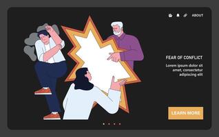 Fear of conflict web or landing dark or night mode. Tensed character vector