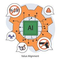 AI ethics. Artificial intelligence chip surrounded by symbols of value alignment vector