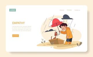 Empathy web or landing. Boy shields a cat from rain, illustrating kindness vector