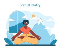 Virtual Reality concept. A serene figure in meditation harnesses VR to explore tranquil mountain scenes vector